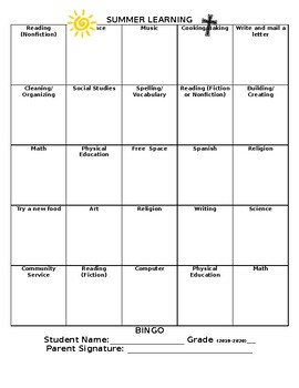 Preview of Summer Learning Bingo