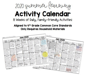 Preview of Summer Learning Daily Activity Calendar - Grade 4 Standards Aligned