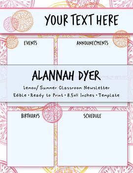 Preview of Summer Lemons Classroom Newsletter Template, Edible, Agenda, Note Catcher