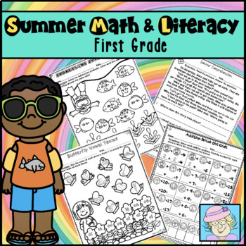 Preview of First Grade Summer Packet Math and Literacy Review Worksheets NO PREP