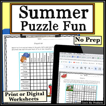 Preview of Summer Logic Puzzles and Brain Teaser Activity Worksheets in Print and Digital