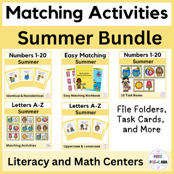 Preview of Summer ESY Matching Math and Literacy Activities and Centers Bundle, Prek SPED