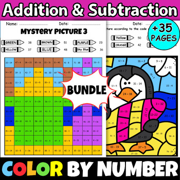 Preview of Summer Math Addition & Subtraction Activities June Mystery Color by Code Bundle