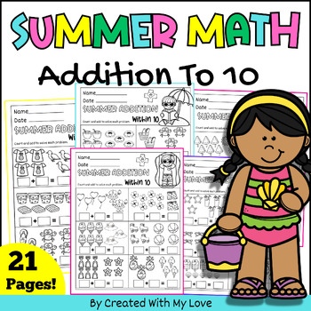 Preview of Summer Math Addition With Pictures, Kindergarten End Of Year Worksheets Review
