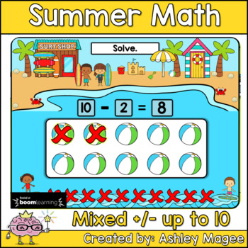 Preview of Summer Math Boom Cards - Mixed Addition & Subtraction to 10 - Digital Learning