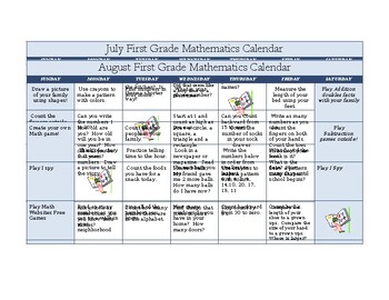 Preview of Summer Math Calendars Entering 1st Grade