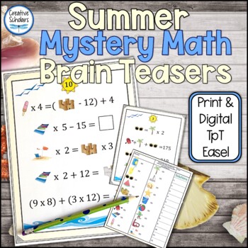 Preview of Summer Math Center Brain Teaser Activities Print and Digital Easel