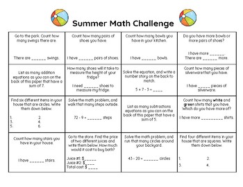 Summer Math Challenge by Megan B | TPT