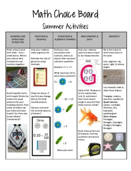 Preview of Summer Math Choice Board