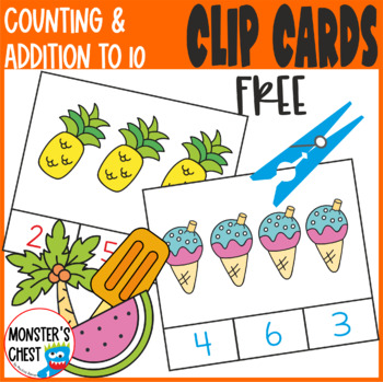 Preview of Summer Math Clip Cards Counting to 10, Addition Practice Sped, K, 1st