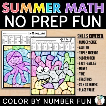Preview of Summer Math Color by Number End of the Year Review Activities Coloring Pages