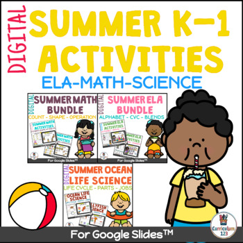 Preview of Kindergarten Summer Review Math ELA Science Google Slides™️ Bundle