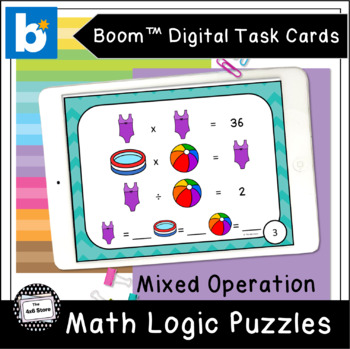 Preview of Summer Math Logic Puzzles Mixed Operation Digital Task Cards Boom Learning