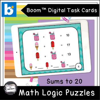 Preview of Summer Math Logic Puzzles Sums to 20 Digital Task Cards Boom Learning