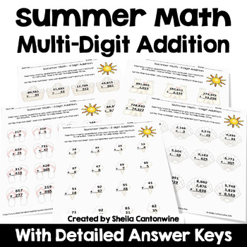 Preview of Summer Math Multi Digit Addition Worksheets
