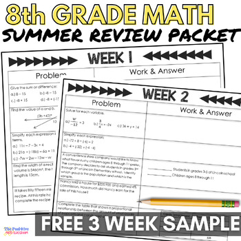 Preview of Summer Math Review Calendar for Incoming 8th Graders Freebie