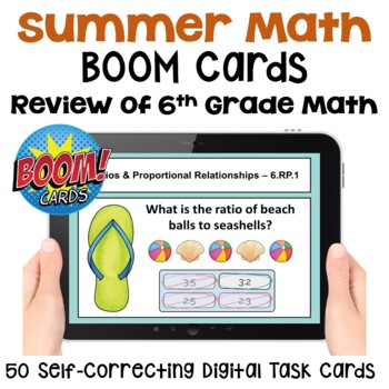 Preview of Summer Math Review of 6th Grade Boom Cards  | Self Correcting Digital Task Cards