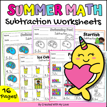 Preview of Summer Math Subtraction To 10 Worksheets/ Kindergarten End Of Year Reviews