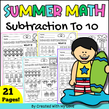 Preview of Summer Math Subtraction With Pictures,Kindergarten End Of Year Worksheets Review