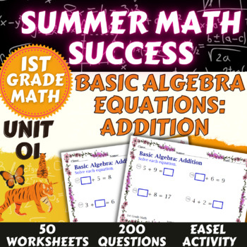 Preview of Summer Math Success: Basic Algebra Equations for Kids: Addition
