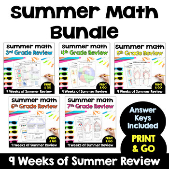 Preview of Summer Math Worksheet Bundle - Review of 3rd, 4th, 5th, 6th, and 7th Grade