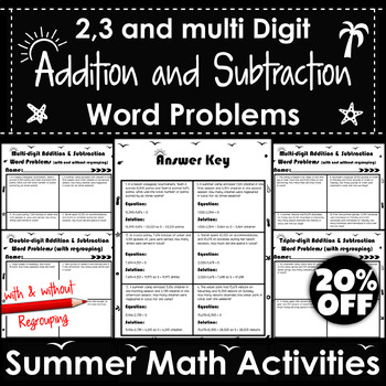 Preview of Summer Math Worksheets 2,3 and Multi Digit Addition & Subtraction Word Problems