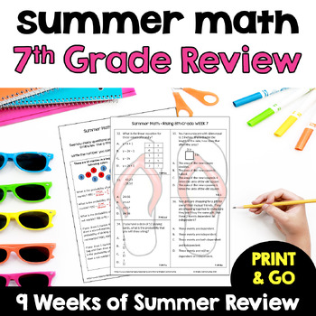 Preview of Summer Math Worksheets - Review of 7th Grade for Rising 8th Graders