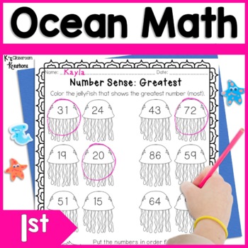 Preview of End of Year Summer Math Worksheets for 1st Grade Ocean Theme