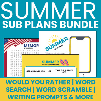 Preview of Summer & Memorial Day Sub Plans Bundle- Word Search/Word Scramble/Worksheets