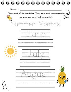 Preview of Summer Months of the Year CUTE! Handwriting & Spelling Practice Pre-K Elementary