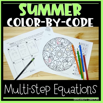 Preview of Summer Multi-Step Equations Worksheet Practice Activity Color-By-Code