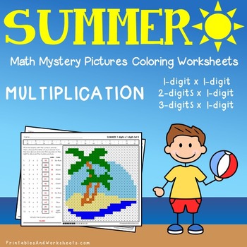 multiplication summer color by number worksheets teaching resources tpt