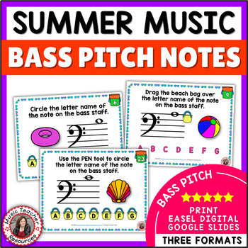 Preview of Summer Music Worksheets - Bass Clef Notes