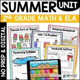 Summer NO PREP Math and ELA Activities for 2nd Grade Plus Digital