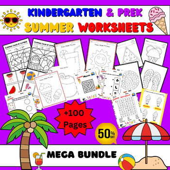 Preview of Summer NO PREP Worksheets for Kindergarten: Coloring, Cutting, Tracing, Games..