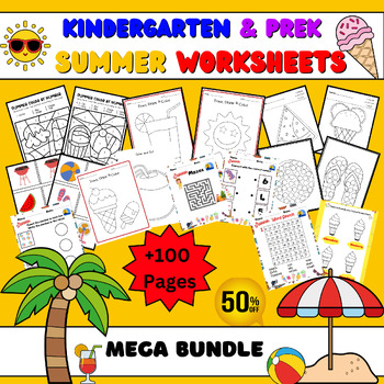 Preview of Summer NO PREP Worksheets for Preschoolers: Coloring, Cutting, Tracing, Games..