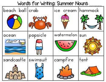 Preview of Summer Nouns, Verbs, Adjectives, Parts of Speech Word List - Writing Center