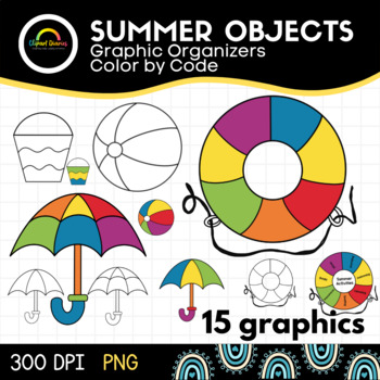 Preview of Summer Objects, Graphic Organizers, Color By Code, Color by Number, Clip Arts