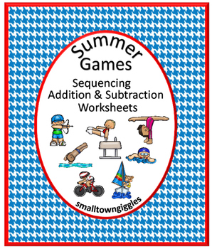 Preview of Summer Sports Math Cut & Paste Worksheets Addition Subtraction Sequencing PK K
