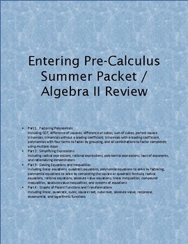 Preview of Summer Packet Before Pre-Calculus / Review of Algebra