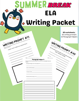 Preview of Summer Packet | ELA | Writing Prompts + Paragraph Starters