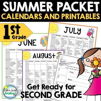 Preview of Summer Packet 1st Grade Summer Activity Calendar Ready for Second Grade 2024