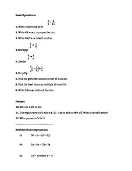 Preview of Summer Packet for entering Algebra 2