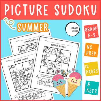 Preview of Summer Picture Sudoku Puzzle Worksheets for PreK Kindergarten 1st and 2nd Grades
