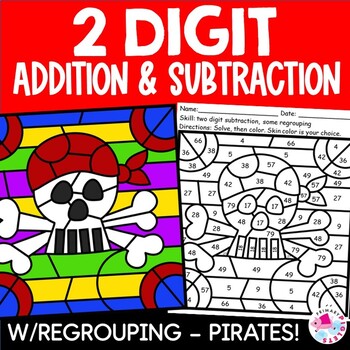 Preview of Summer Pirates Color by Number Code 2 Digit Addition Subtraction with Regrouping