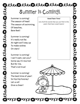 Summer Poem for Shared Reading with Vowel Team Activity - FREEBIE!!