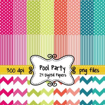 Preview of Summer Pool Party Digital Background Papers in Chevron, Polka Dots, and Stripes