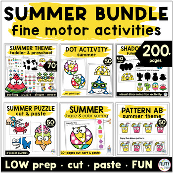 Preview of Summer Preschool Packet Cut and Paste Activities Worksheets Fine Motor BUNDLE