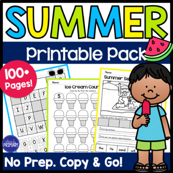Preview of Summer Fun Packet Math & Literacy Worksheets, Summer School Kindergarten, 1st