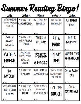 Summer Reading Bingo! (Who,What, Where,When,How Style!) by MrWatts